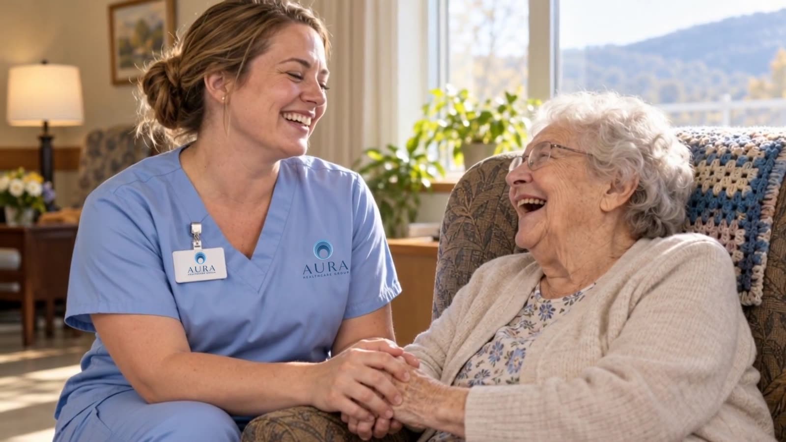 An Aura caregiver sharing a laugh with an older woman, holding her hands